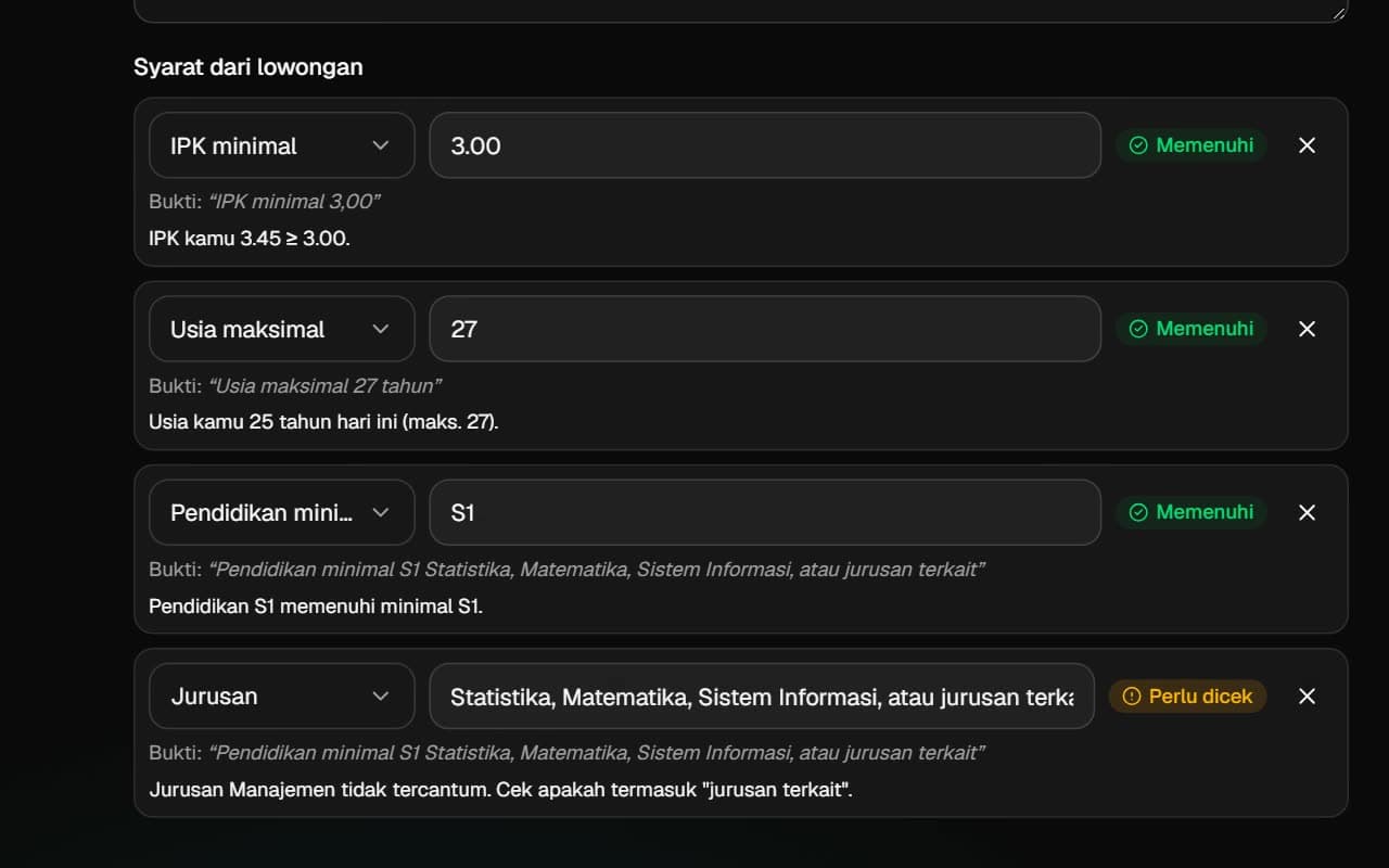 Cara kerja Lajur: tempel lowongan, AI mengisi form dengan kutipan bukti, cek syarat dan CV, lalu geser kartu di board